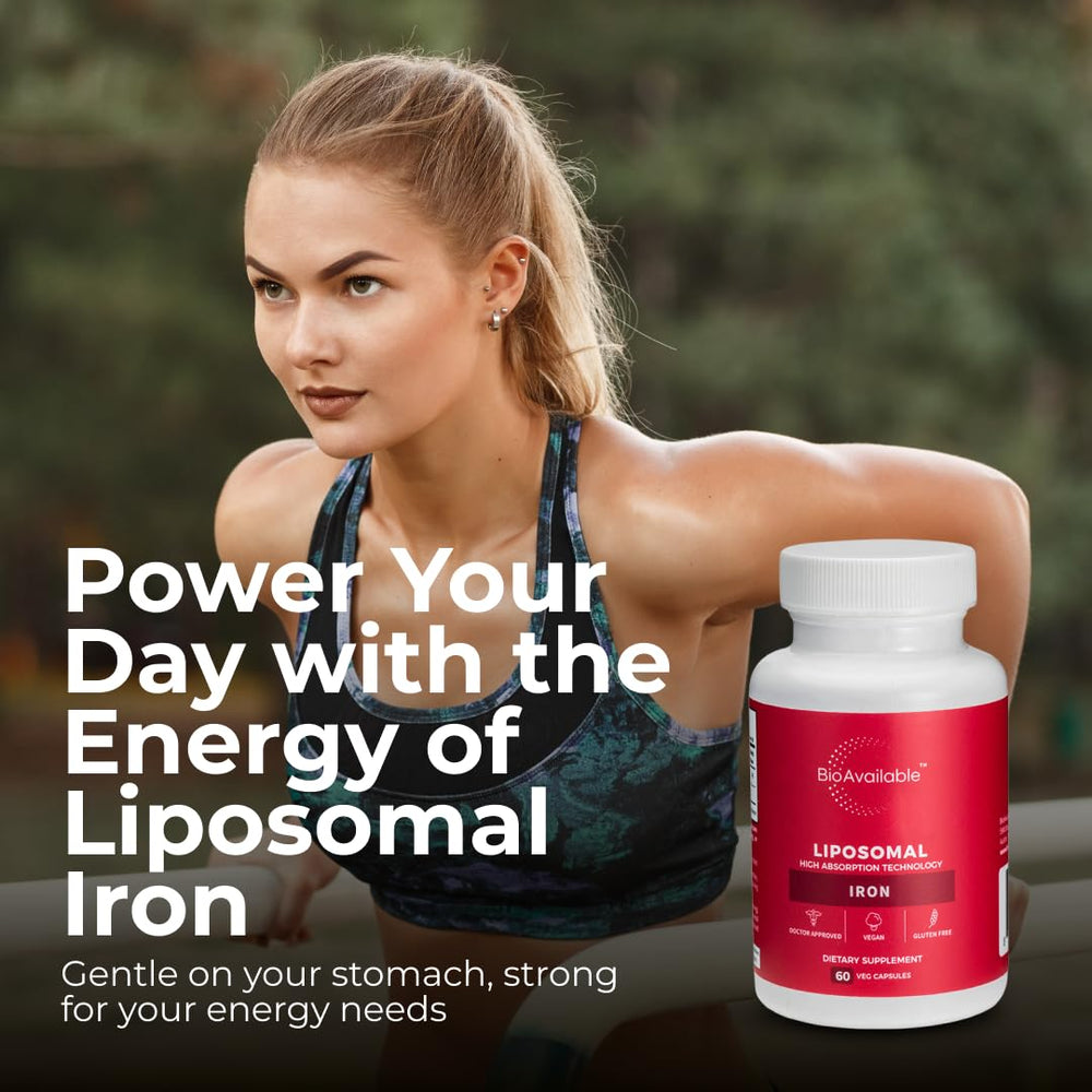 BioAvailable Liposomal Iron daily-use capsules, stable dry-powder format for convenience.
