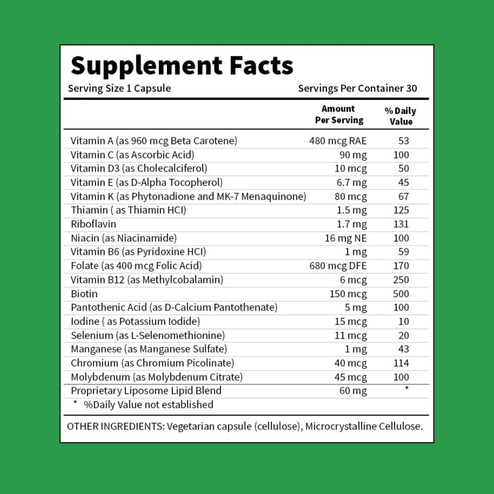 BioAvailable Liposomal Multivitamin ingredients chart highlighting key nutrients.