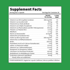 BioAvailable Liposomal Multivitamin ingredients chart highlighting key nutrients.