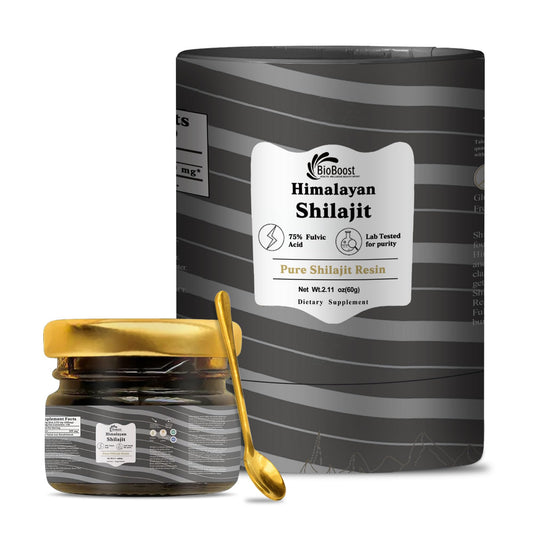 BioBoost Himalayan Shilajit Resin 60g bottle supports daily energy and vitality.
