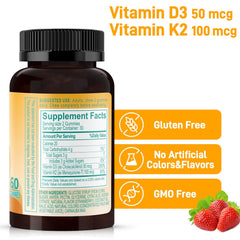 Biobor D3 K2 gummies bottle back; nutrition facts and non-GMO promise emphasized.