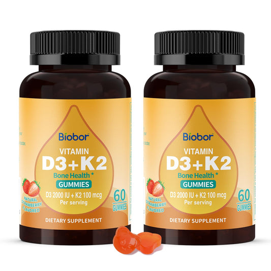 Biobor Vitamin D3 K2 gummies bottle front showing strawberry flavor for daily wellness.