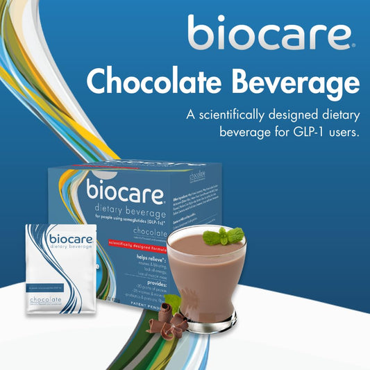 Biocare GLP-1 chocolate mix-in glass showcasing ready-to-drink option after workouts.