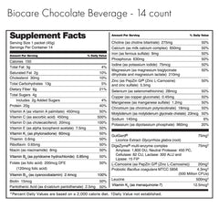 Biocare chocolate label featuring no artificial sweeteners for a clean flavor.