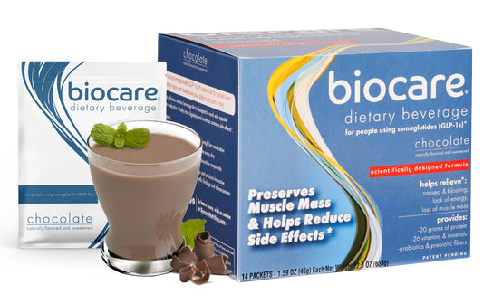 Biocare Nutritional Beverage GLP-1 chocolate packet for convenient daily nutrition.