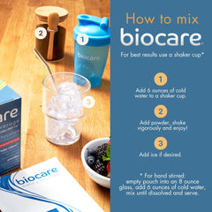 Biocare digestive fiber image featuring 6g of prebiotic and probiotic fibers.