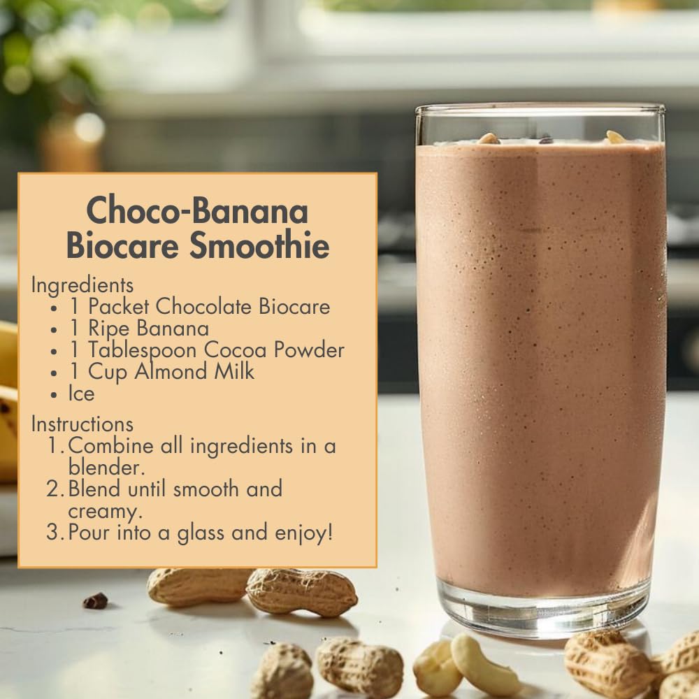 Biocare travel-pack with chocolate beverage ideal for nutrition on the go.