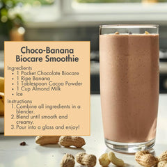 Biocare travel-pack with chocolate beverage ideal for nutrition on the go.