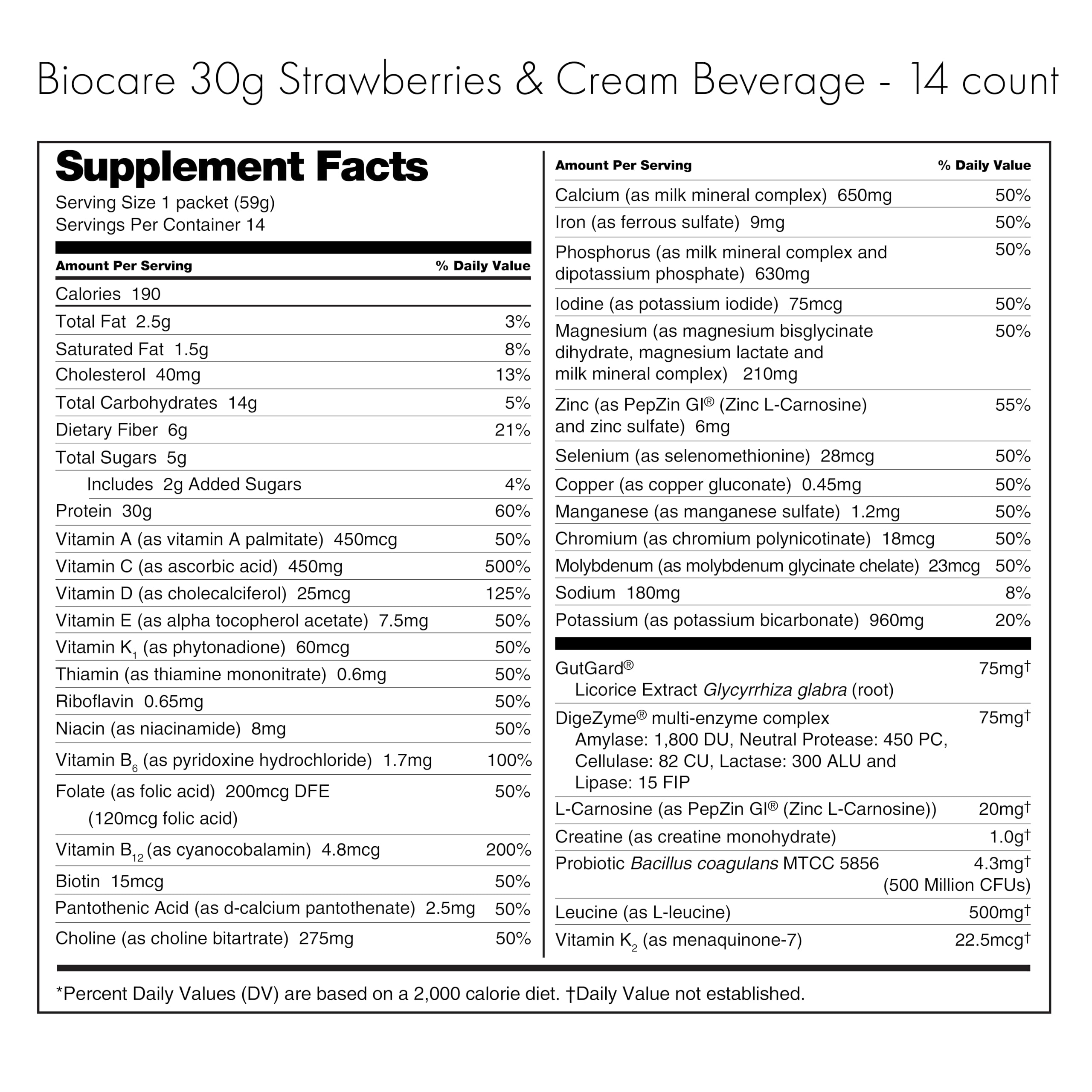 Biocare Strawberry Crème Shake close-up of label highlighting protein and vitamins.