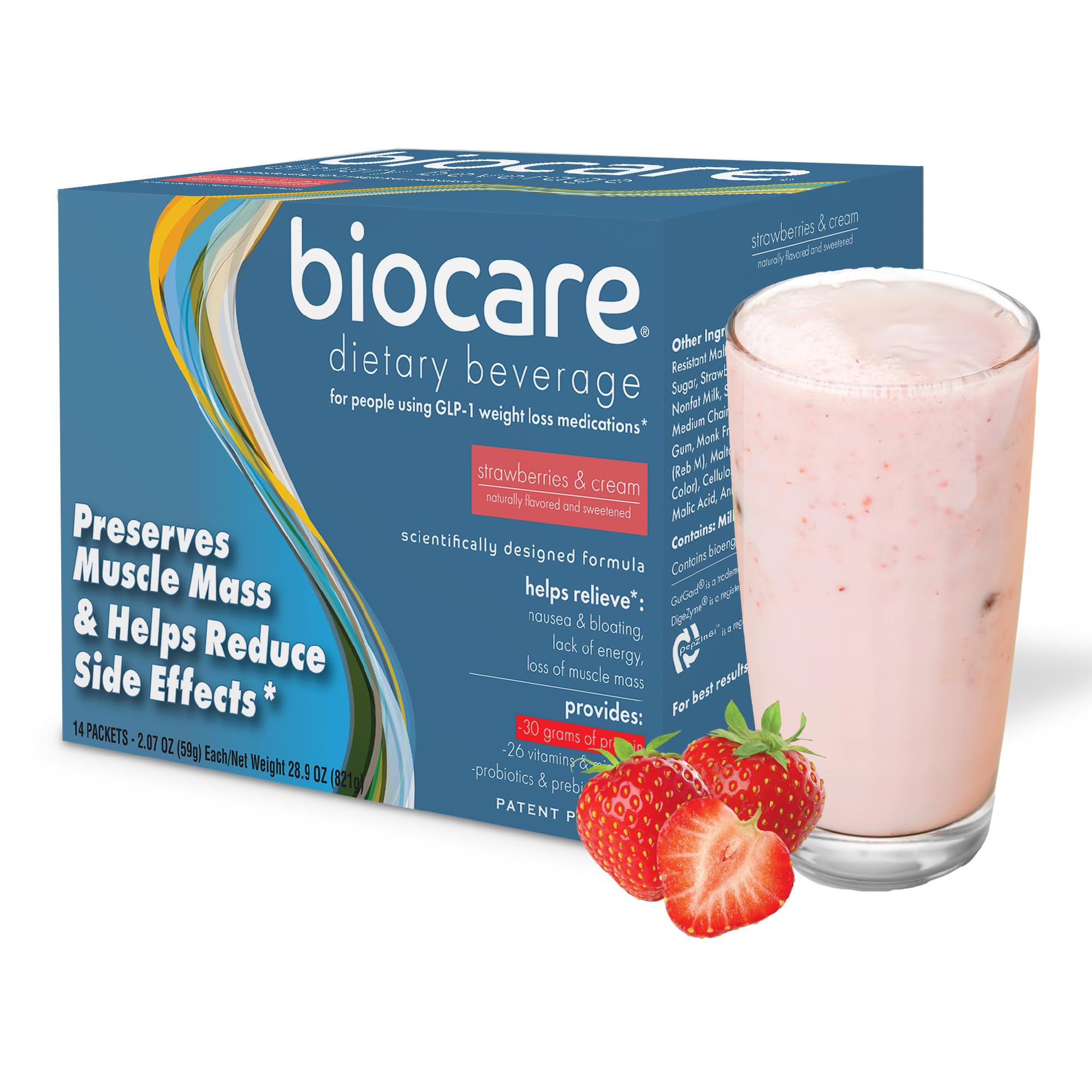 Biocare Strawberry Crème Shake poured into glass for quick recovery.