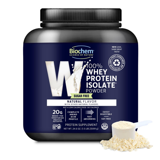 Biochem 100% Whey Isolate bottle label highlights sugar-free protein for lean muscle