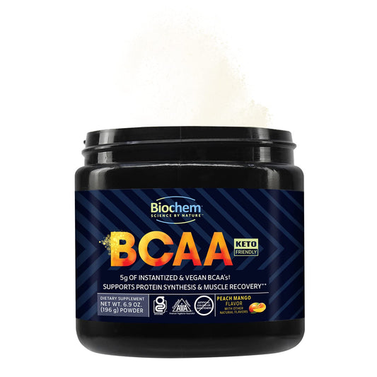 Biochem BCAA Peach Mango mixed in shaker for rapid hydration