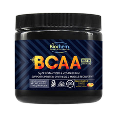 Biochem BCAA Peach Mango powder tub front view for vegan recovery