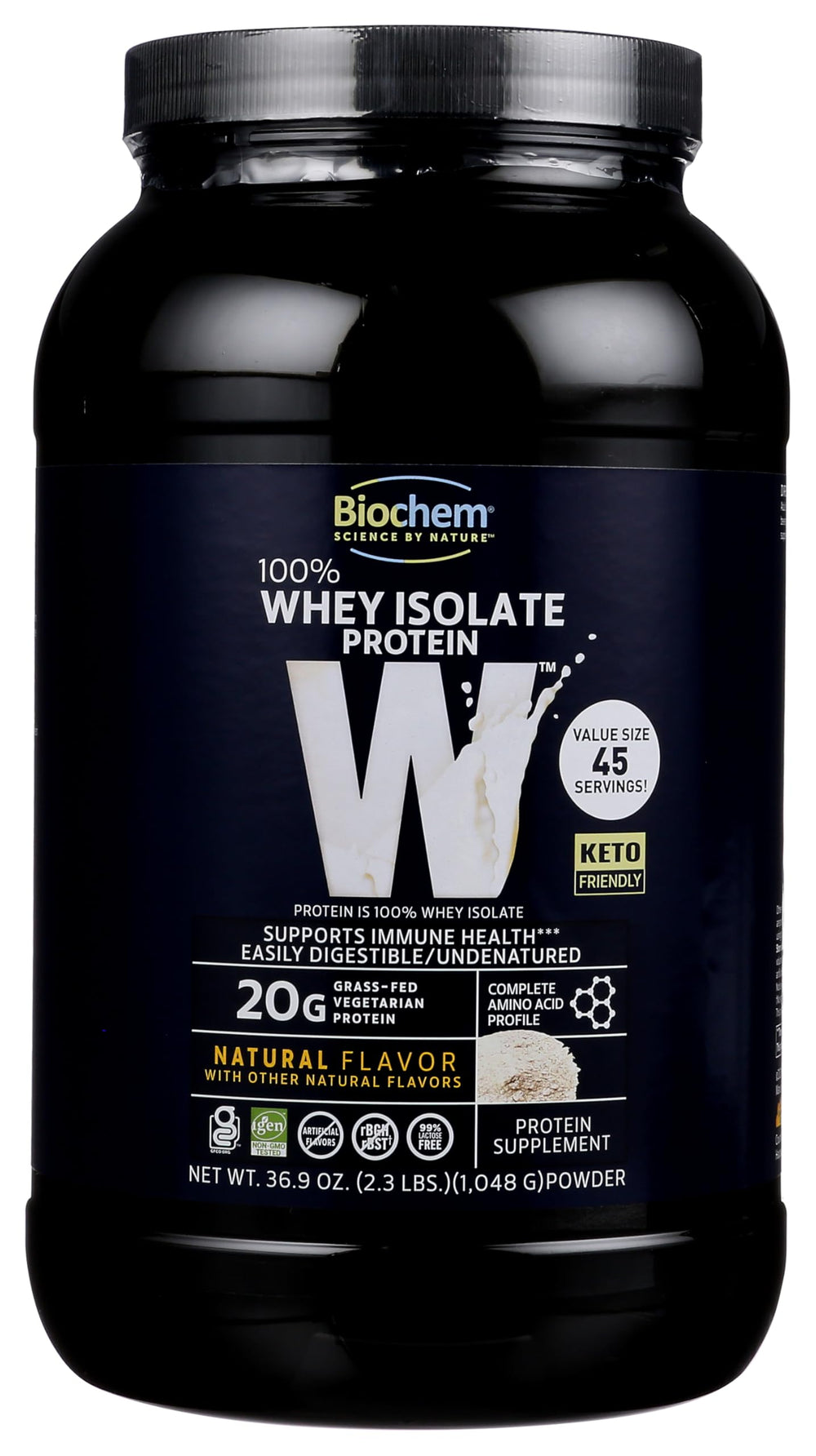 Biochem Whey Isolate Natural bottle pour demonstrates easy mixing for workouts