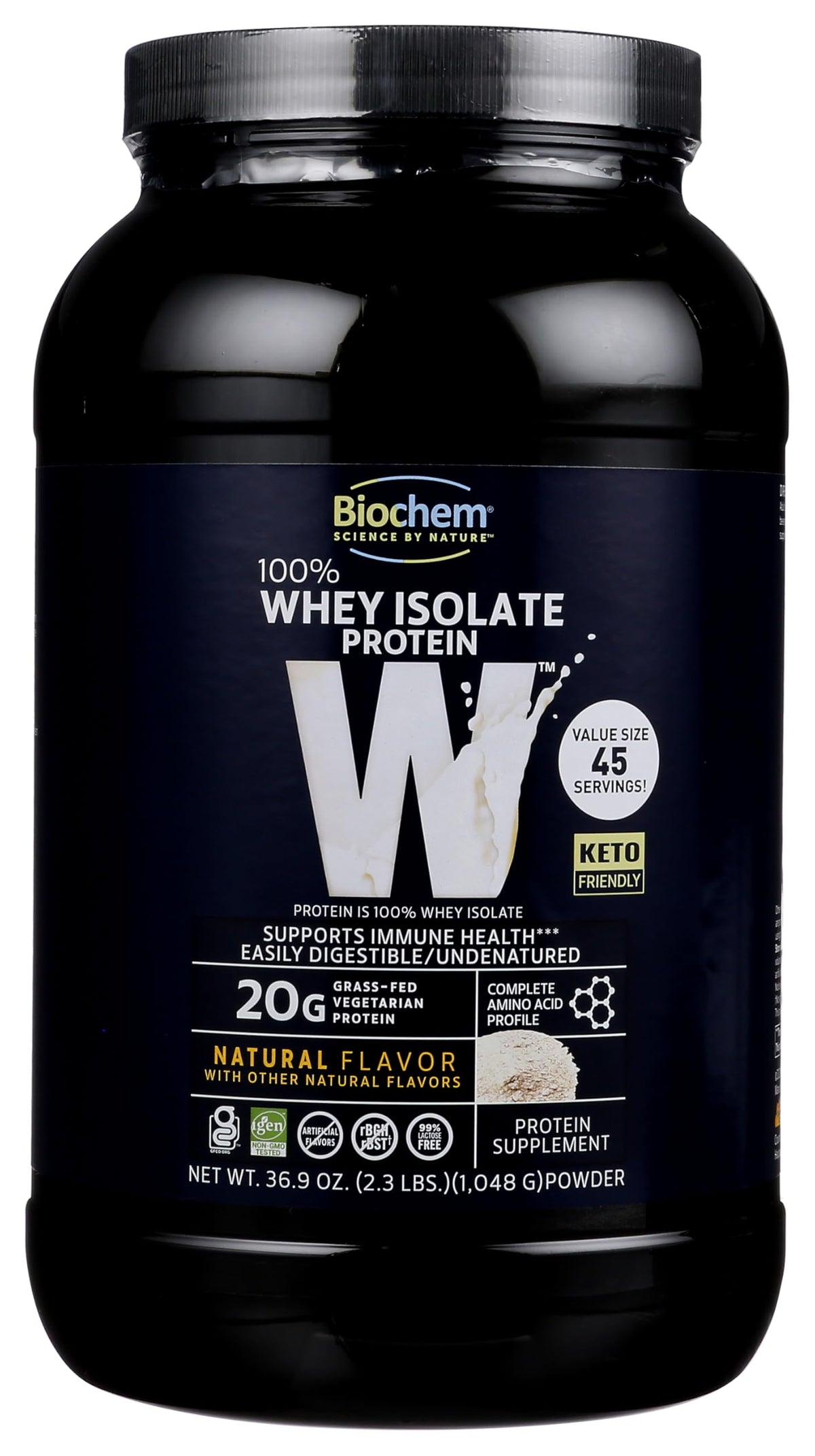 Biochem Whey Isolate Natural bottle pour demonstrates easy mixing for workouts