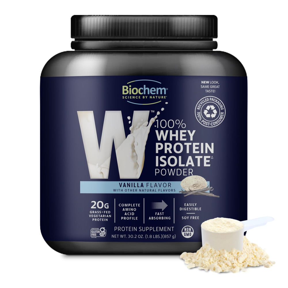 Biochem Whey Protein Isolate Vanilla bottle highlighting grass-fed protein for workouts
