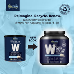 Biochem Whey Isolate Vanilla scoop pouring into a shaker for quick protein