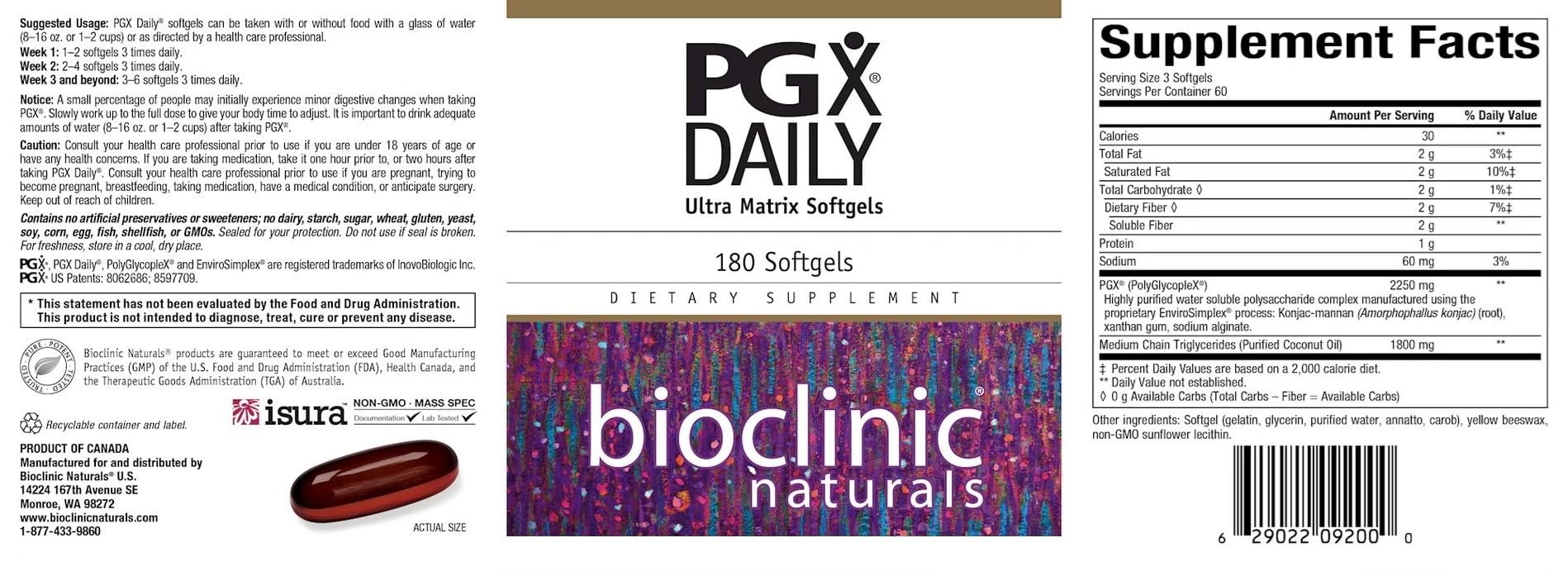 Bioclinic Naturals PGX Daily Ultra Matrix Softgels packaging image showing 180 softgels for ongoing use