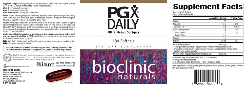 Bioclinic Naturals PGX Daily Ultra Matrix Softgels packaging image showing 180 softgels for ongoing use