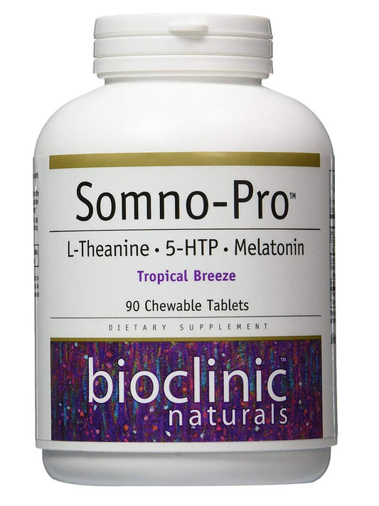 Bioclinic Naturals Somno-Pro tropical breeze bottle with 90 chewable tablets for convenient nightly use.