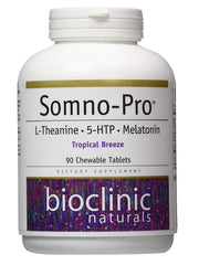 Bioclinic Naturals Somno-Pro tropical breeze bottle with 90 chewable tablets for convenient nightly use.