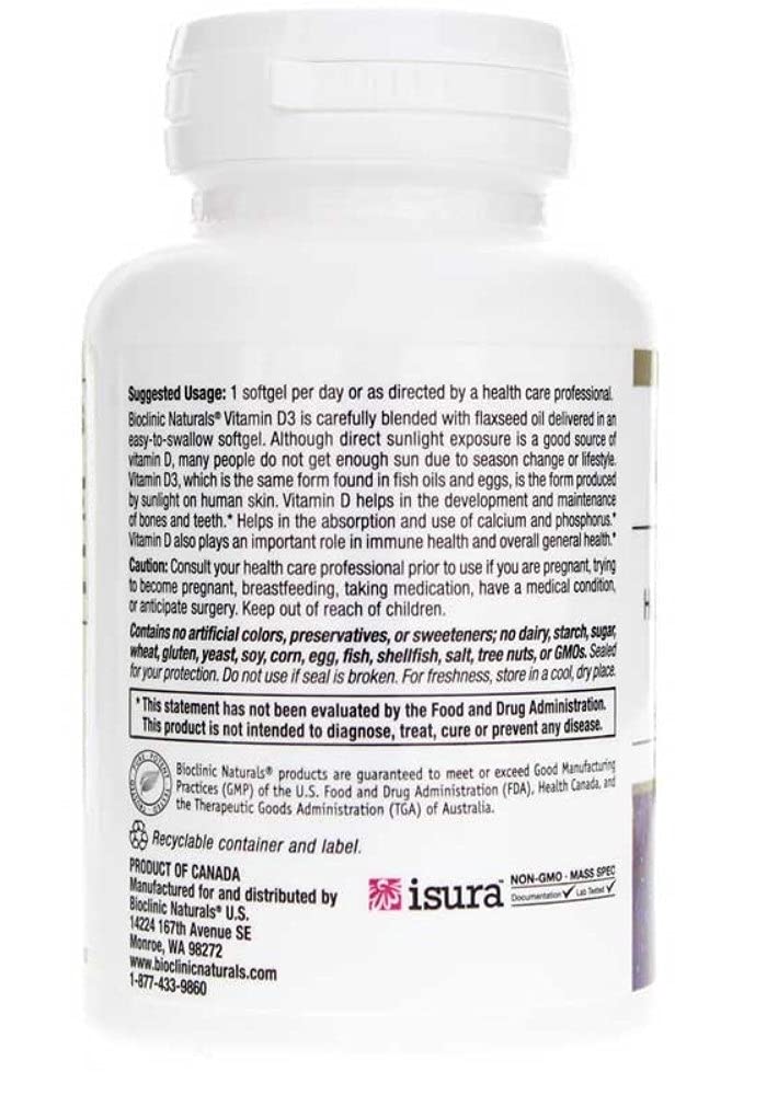 Bioclinic Naturals Vitamin D3 bottle label detail showing dosage and flaxseed oil