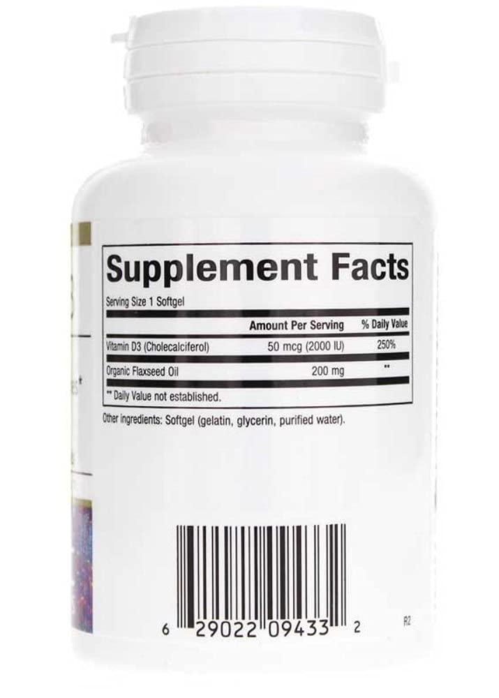 Bioclinic Naturals Vitamin D3 softgel closeup with flaxseed oil blend for bioavailability