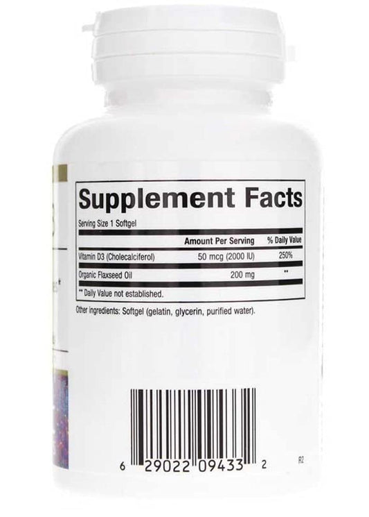 Bioclinic Naturals Vitamin D3 softgel closeup with flaxseed oil blend for bioavailability