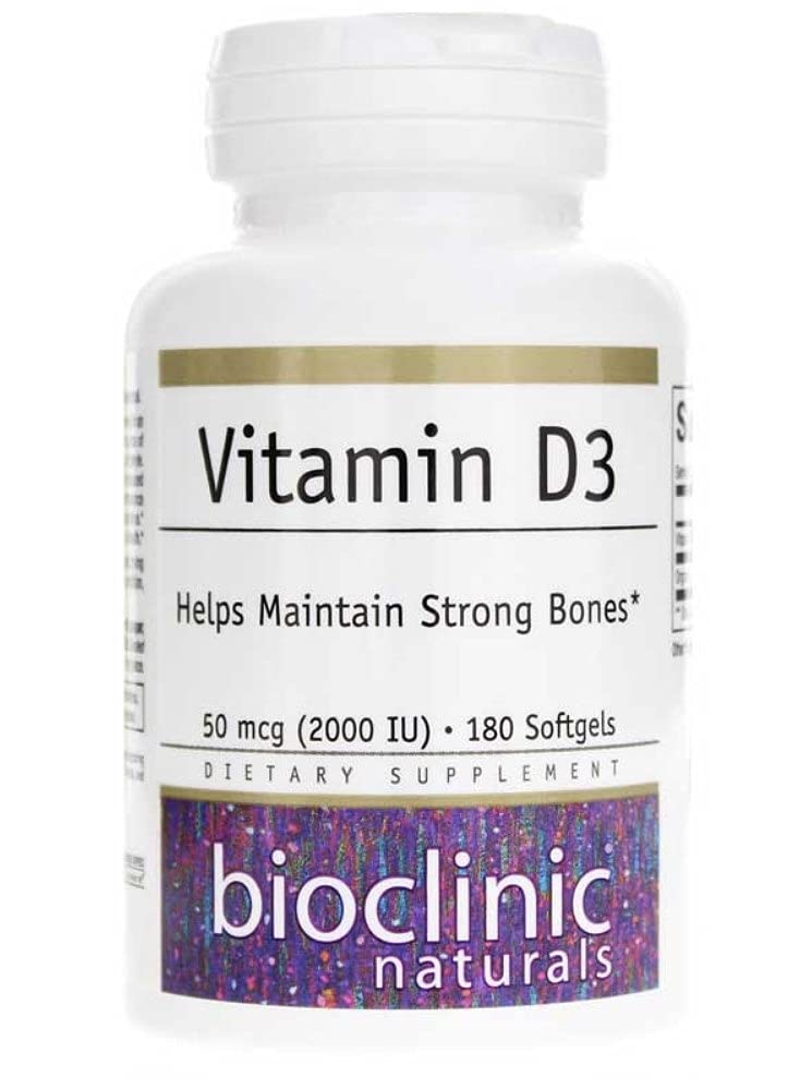 Bioclinic Naturals Vitamin D3 softgels in bottle front, 2,000 IU dose for bone support