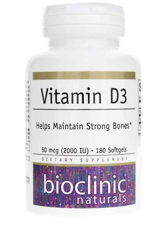 Bioclinic Naturals Vitamin D3 softgels in bottle front, 2,000 IU dose for bone support