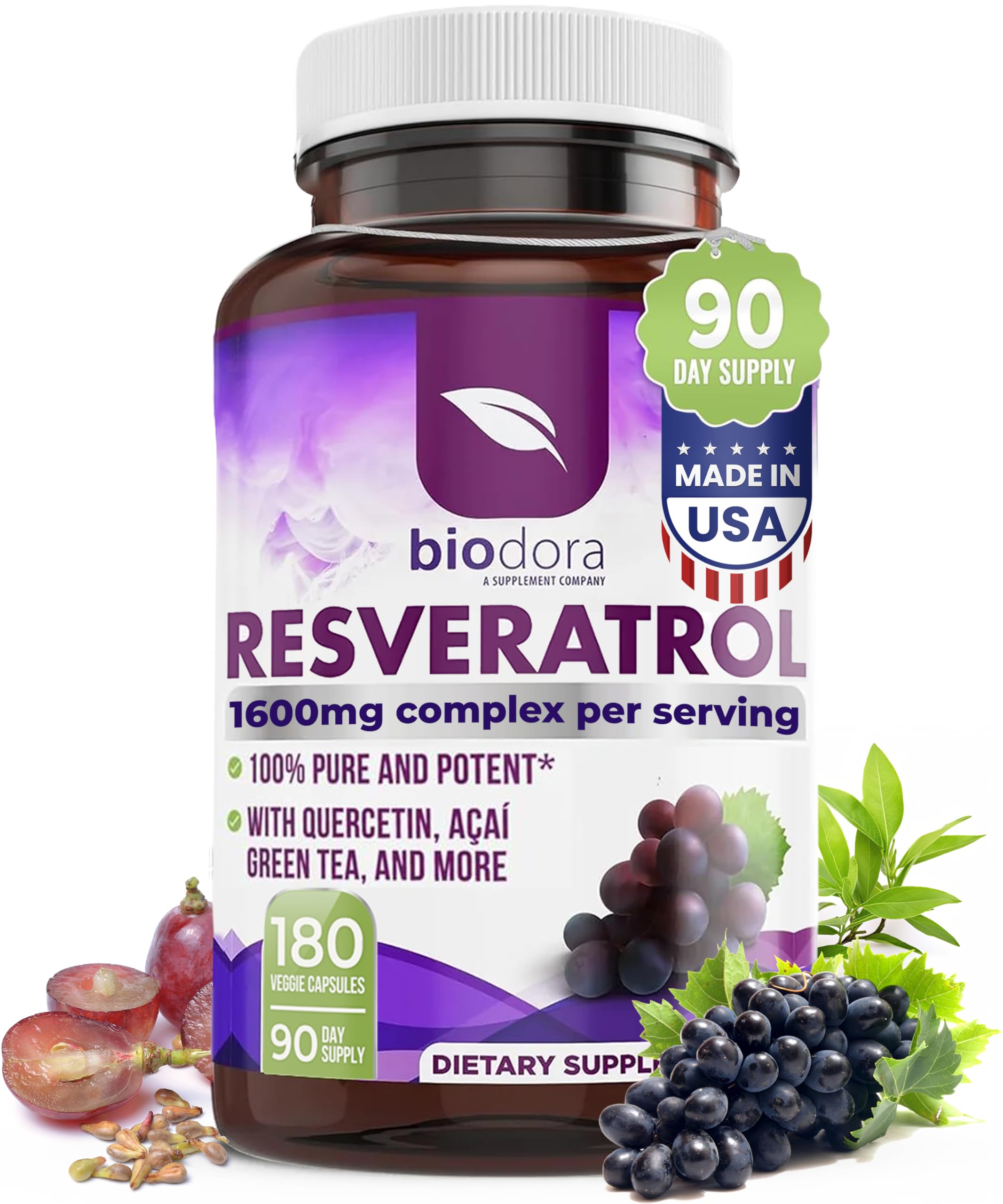 Biodora Resveratrol 1600mg bottle front view for antioxidant support