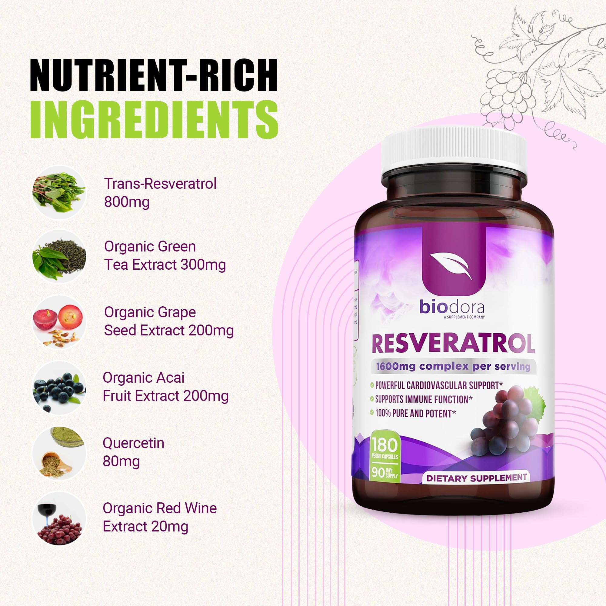 Biodora Resveratrol ingredients panel showing polyphenol sources