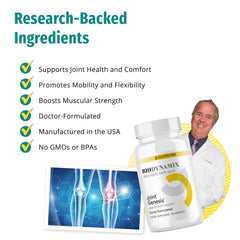 Packaging image demonstrates vegan-friendly, gluten-free formula of Joint Genesis.