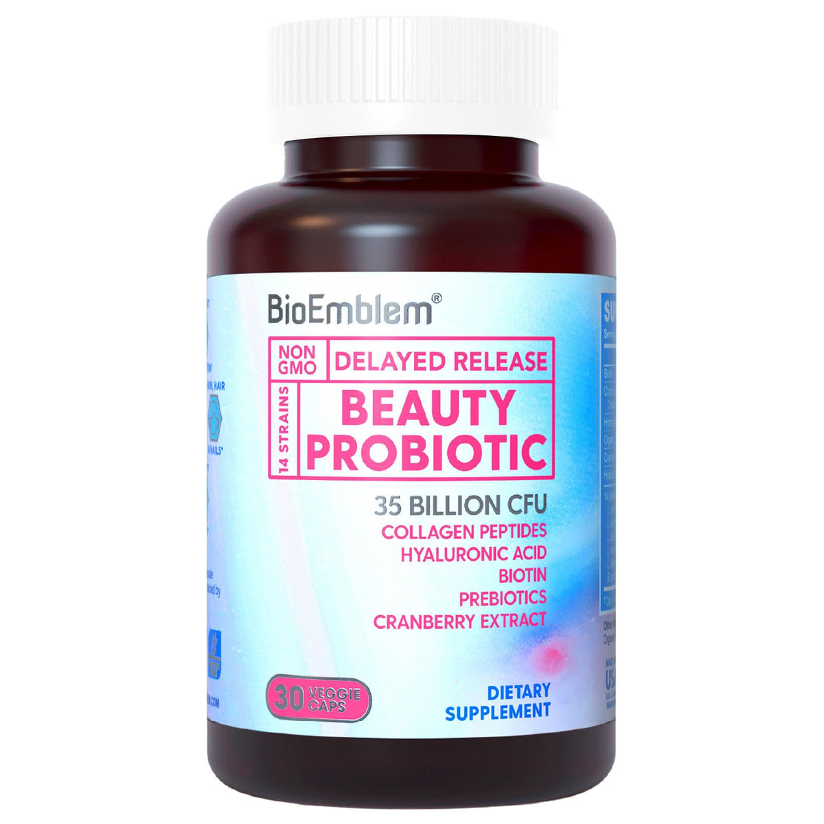 BioEmblem Beauty Probiotics bottle and capsules for daily beauty support