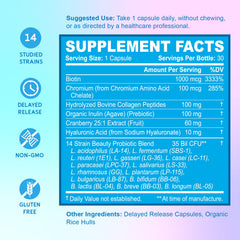 BioEmblem Beauty Probiotics ingredients label highlights biotin and collagen for hair and skin.
