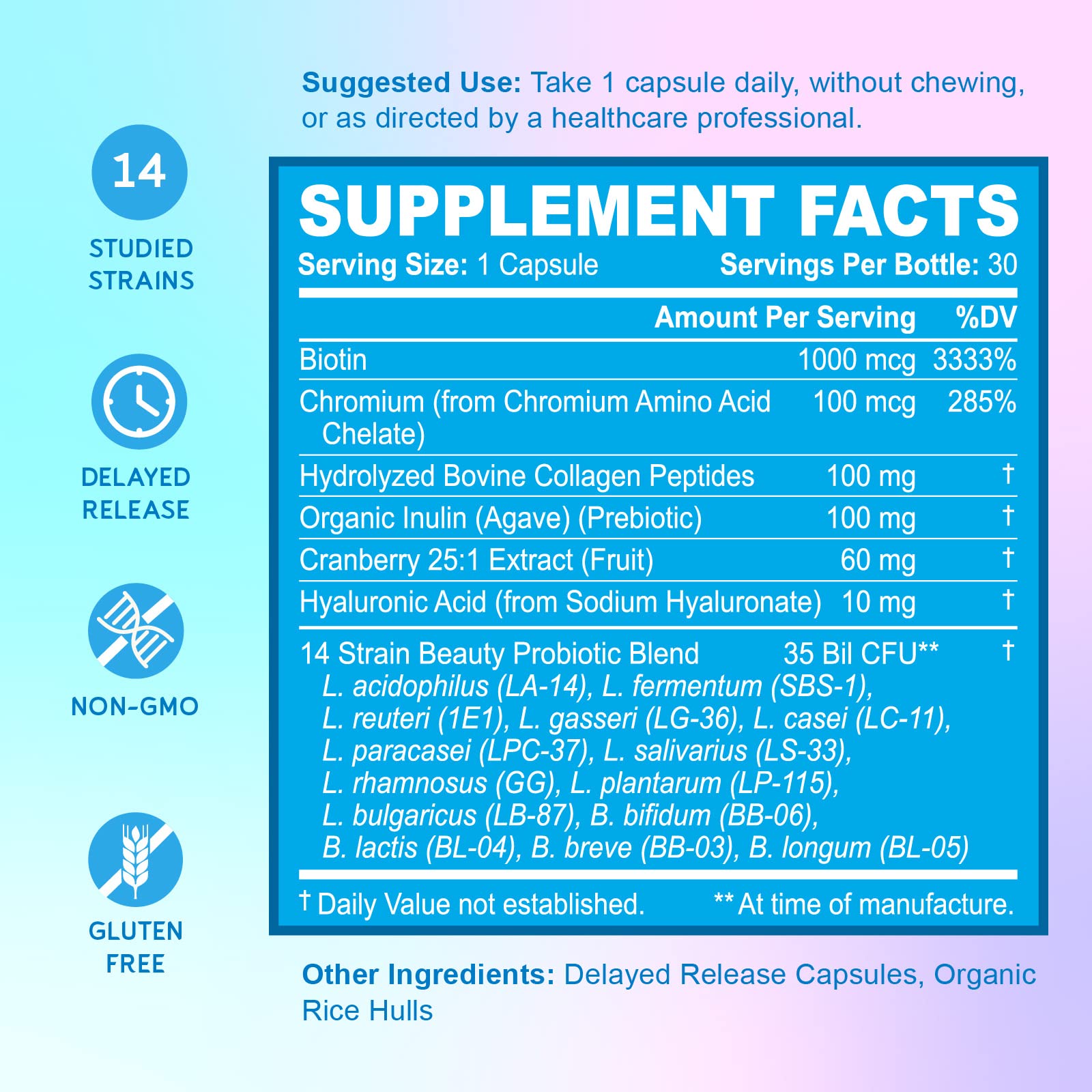 Digestive wellness and vaginal balance visuals emphasize 14 strains and prebiotics for gut flora