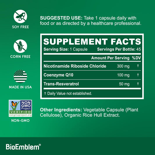 BioEmblem NAD+ capsules highlighting 300 mg NR and CoQ10 blend for energy support