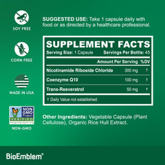 BioEmblem NAD+ capsules highlighting 300 mg NR and CoQ10 blend for energy support