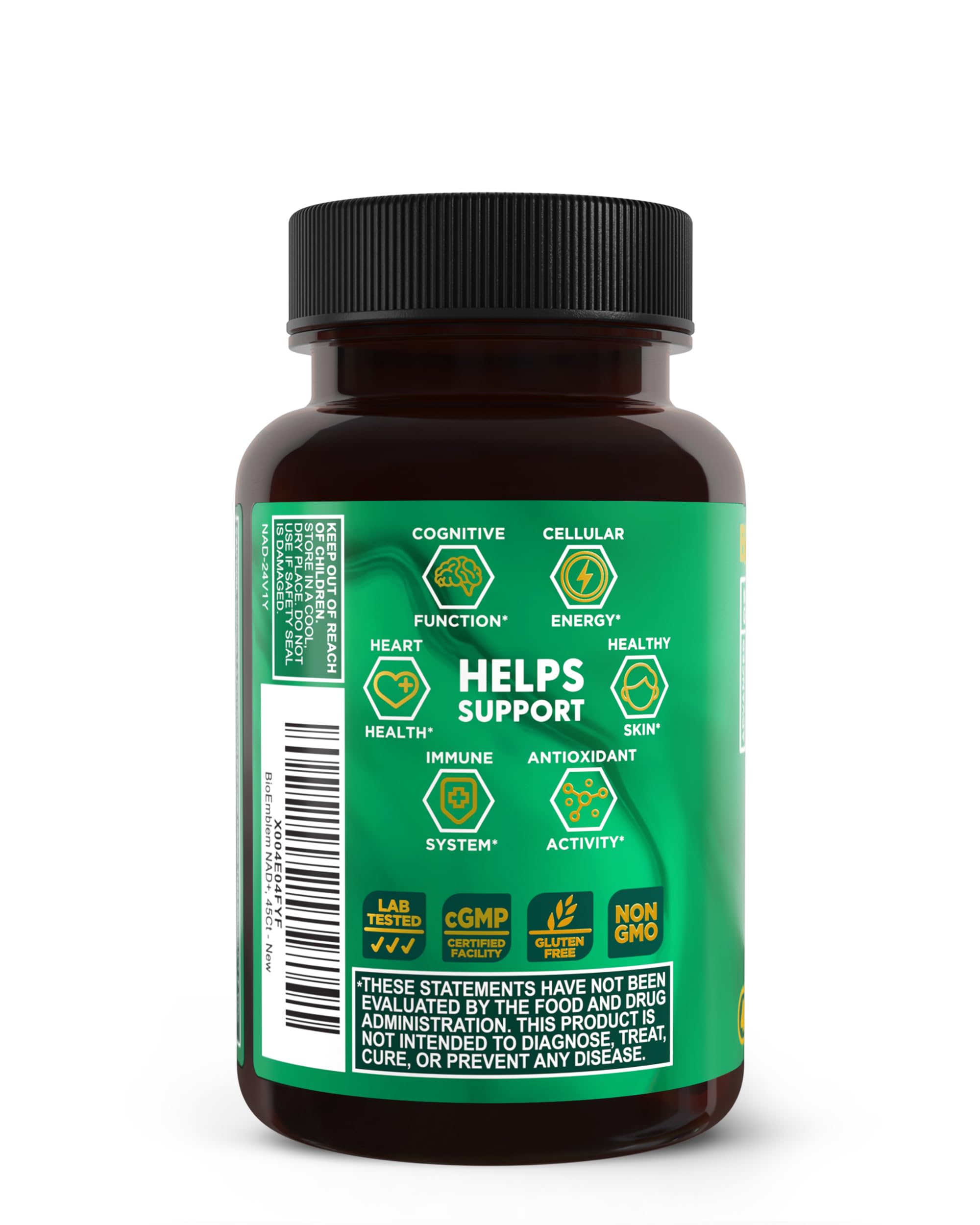 BioEmblem NAD+ label highlights USA-made, Non-GMO verification