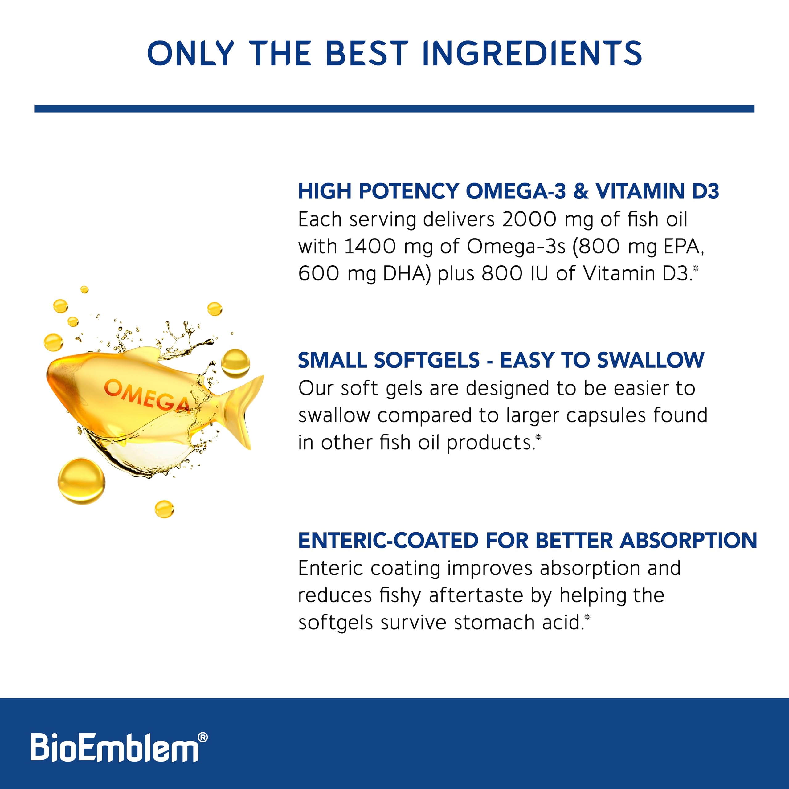 BioEmblem Omega-3 EPA and DHA capsules for heart and brain health.
