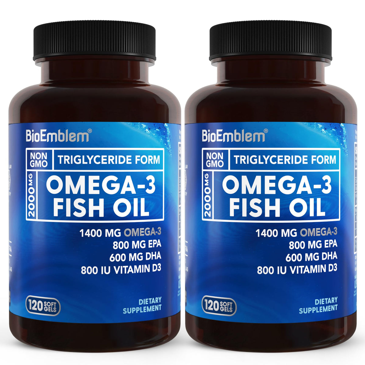 BioEmblem Omega-3 small softgels bottle promotes easy swallowing and high absorption.