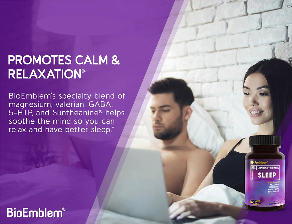 BioEmblem Sleep Aid bundle-pack on display promotes consistent nightly supplementation.