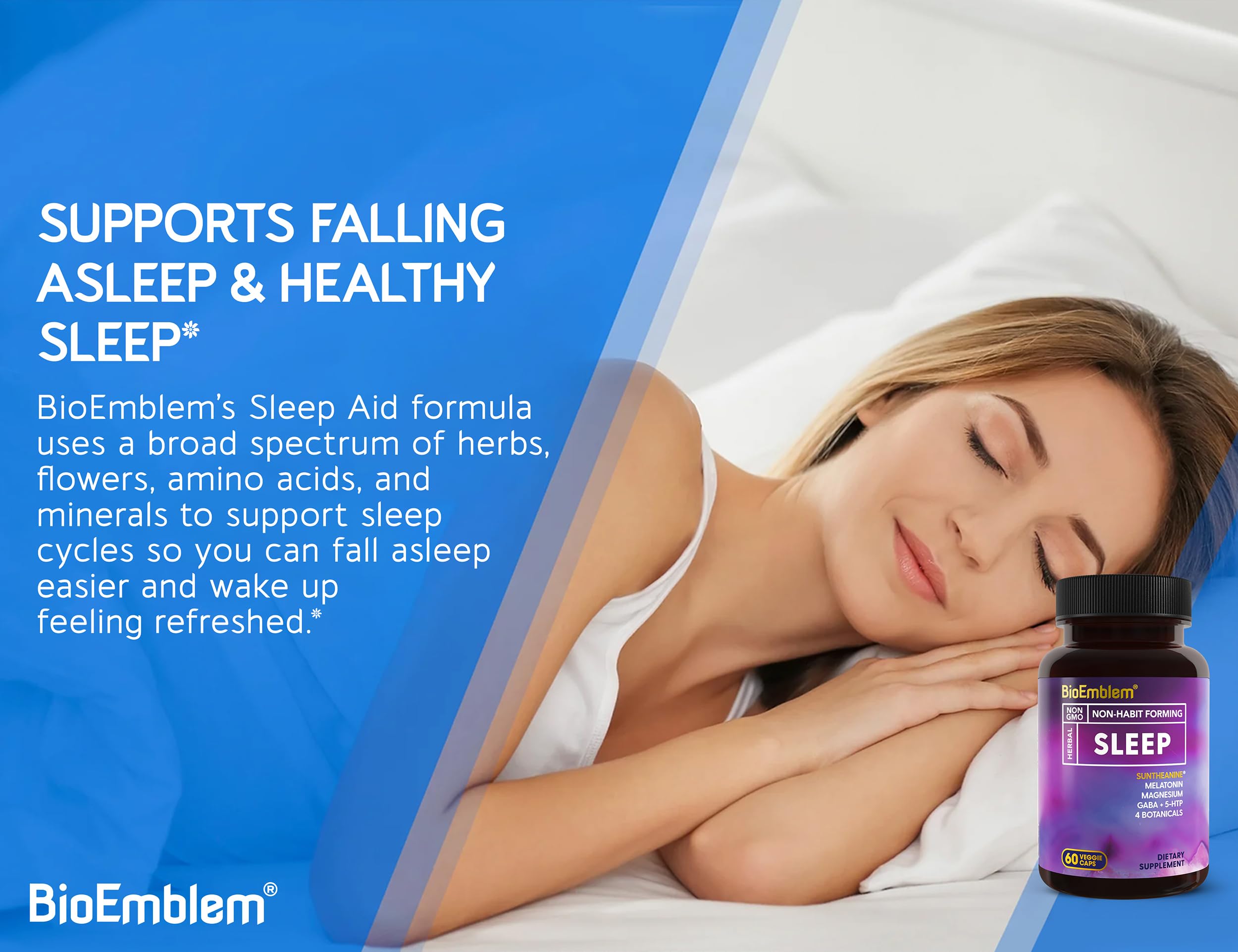 BioEmblem Sleep Aid ingredients chart emphasizes science-backed blend for restful nights.