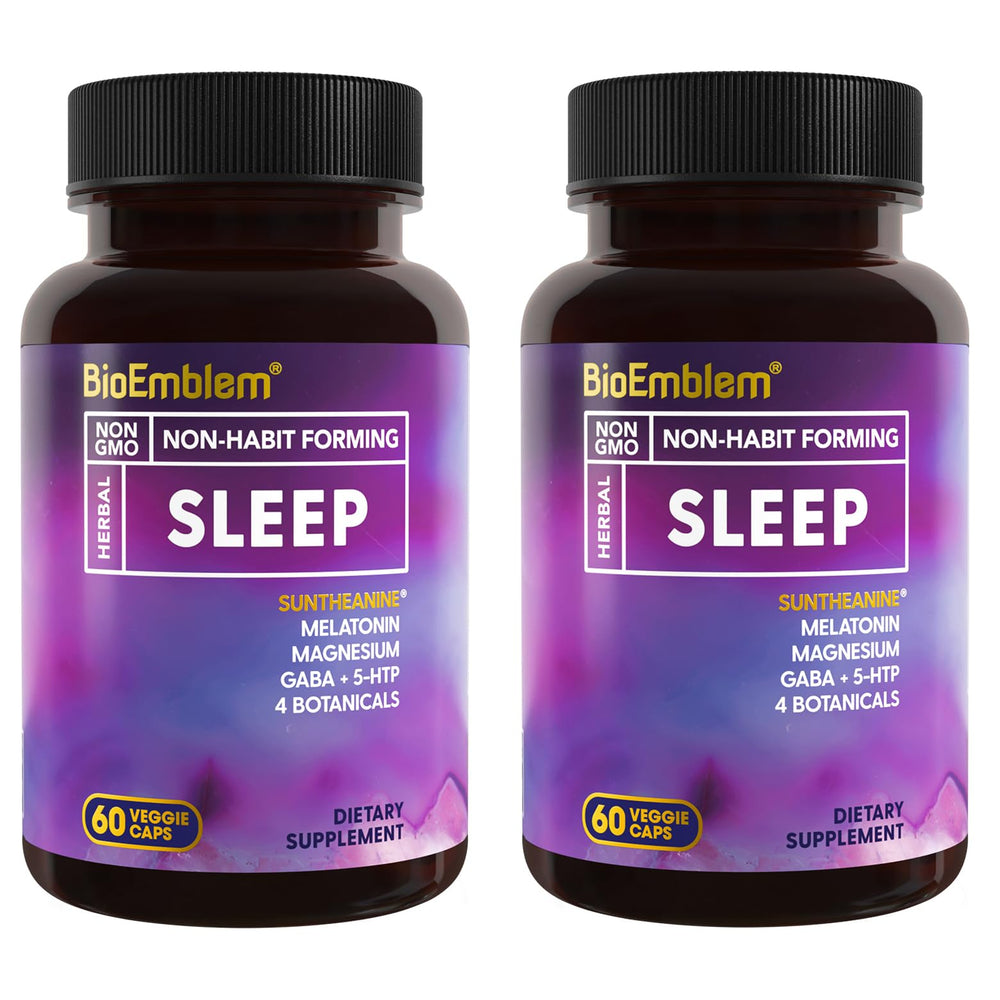 BioEmblem Sleep Aid bottle with melatonin capsules for easier sleep onset.