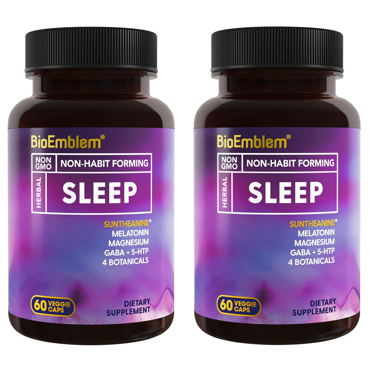 BioEmblem Sleep Aid bottle with melatonin capsules for easier sleep onset.