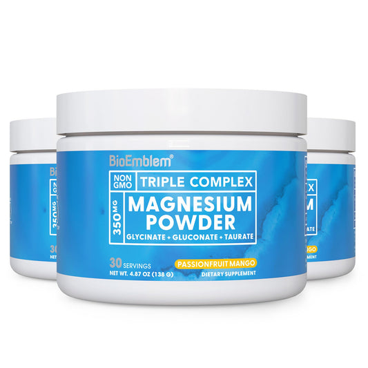 BioEmblem Triple Magnesium bottle closeup highlighting high-absorption blend.