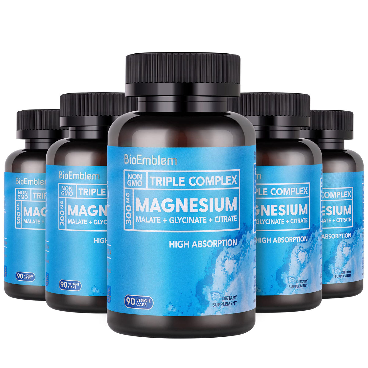 BioEmblem triple magnesium bottle image highlighting high absorption formula for daily support.