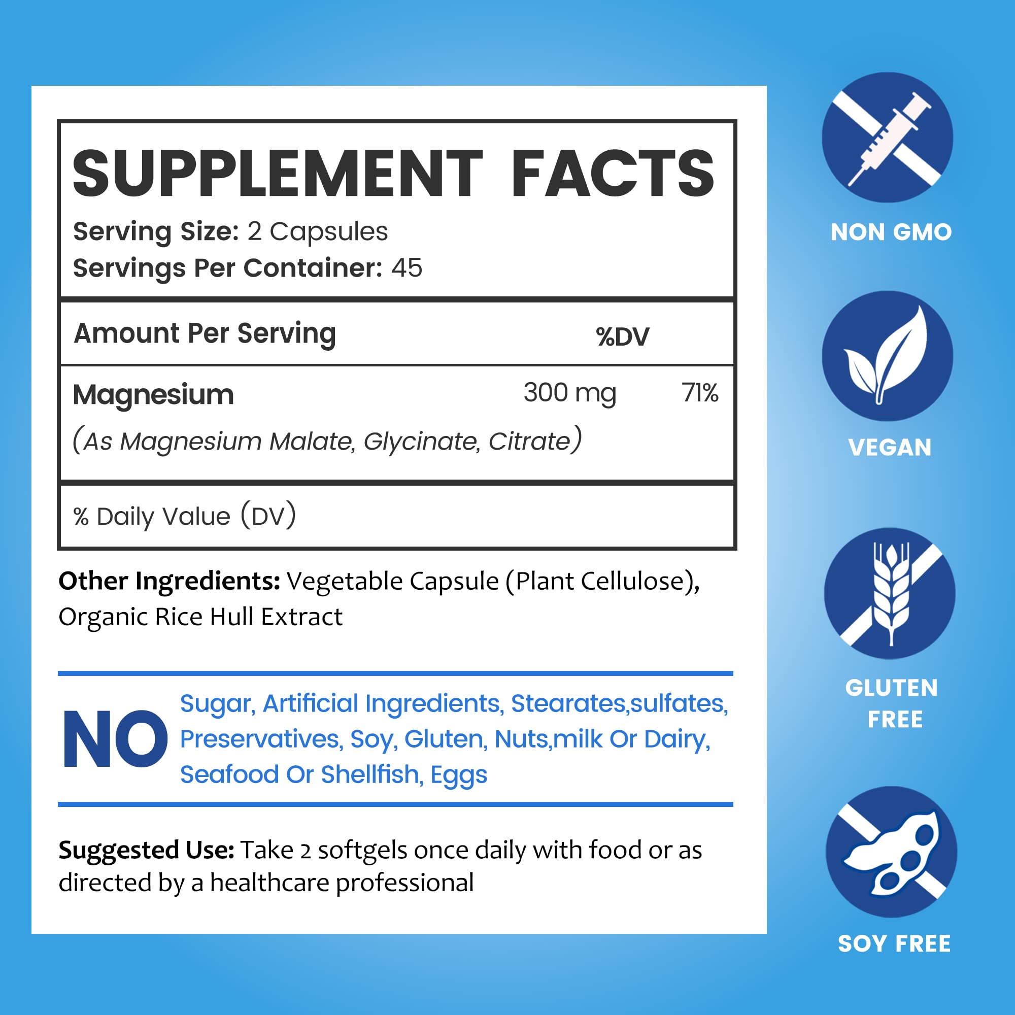 BioEmblem triple magnesium capsules close-up; vegan, non-GMO formula for muscle and nerve support.