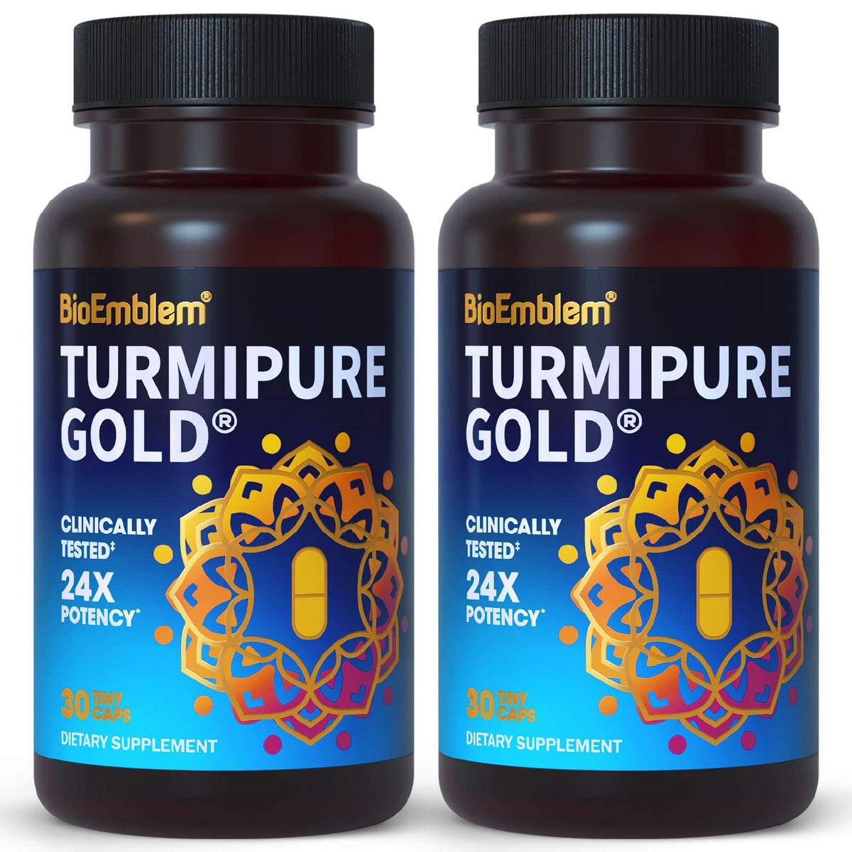 BioEmblem Turmeric Curcumin TurmiPure Gold bottle front highlighting high bioavailability