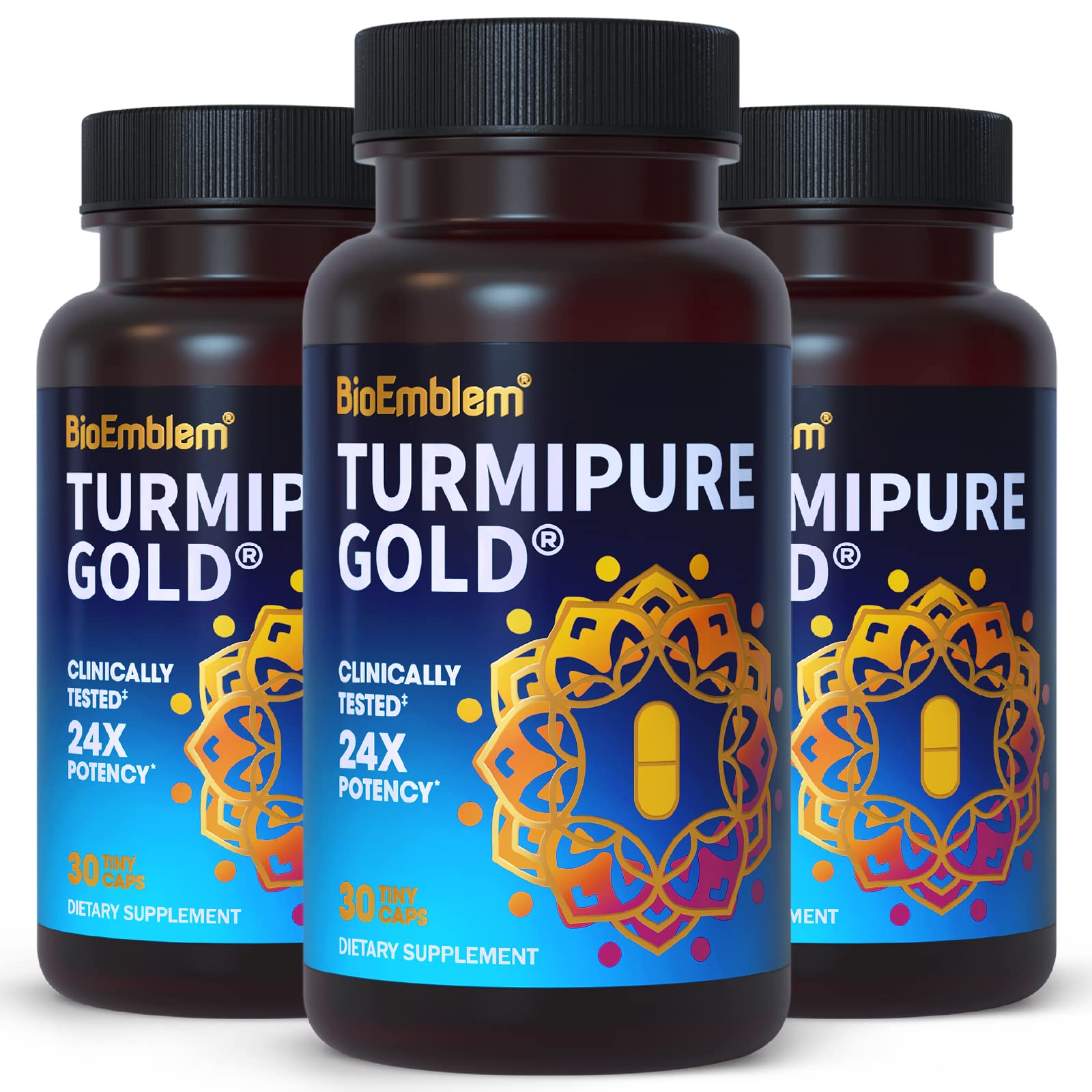 BioEmblem TurmiPure Gold bottle for easy daily turmeric support.